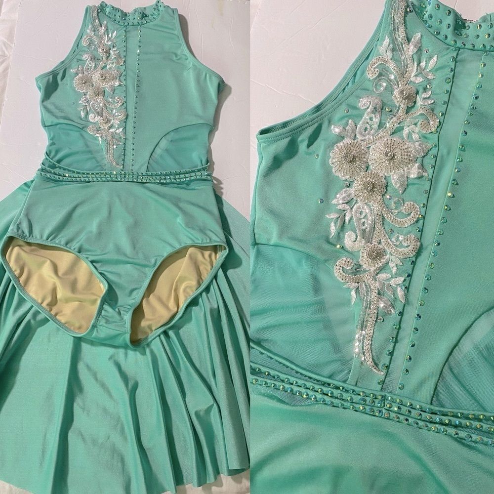 Competition custom Solo Costume lyrical Nude Illusion dance mint green MA
